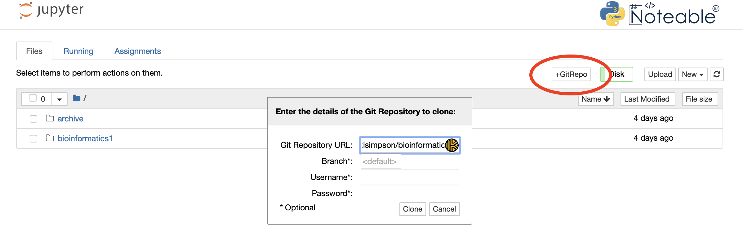 Image showing location for GitHub repo cloning in notable